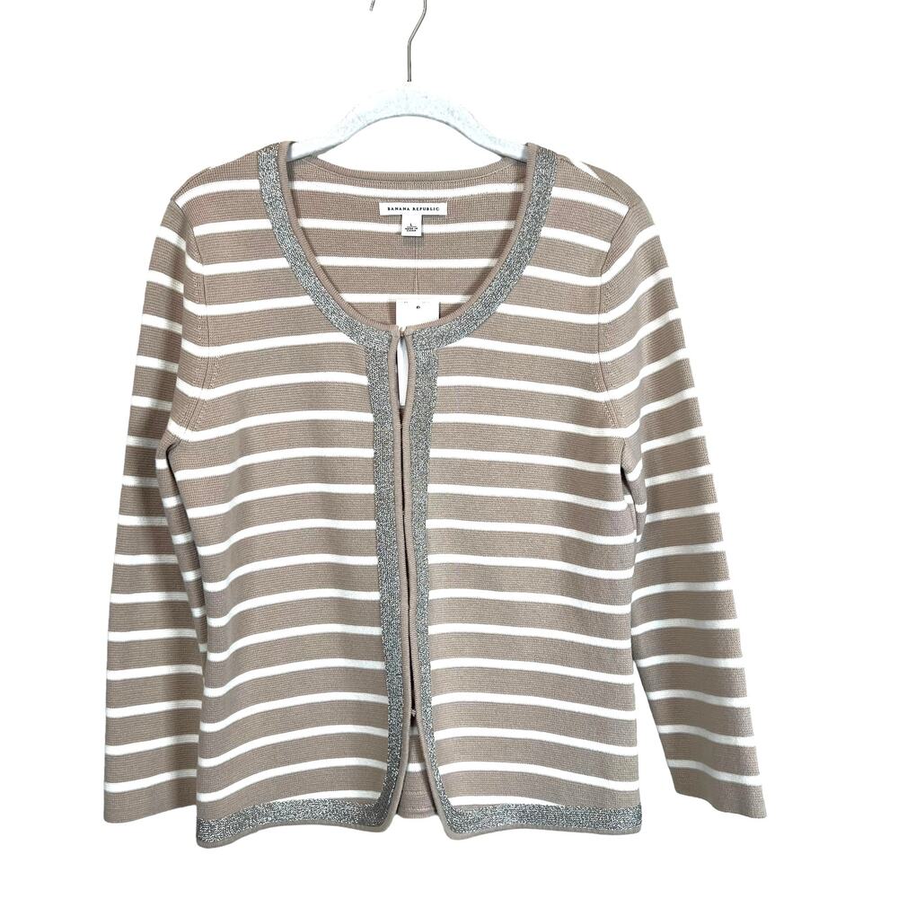 Banana Republic Taupe and White Striped Knit Cardigan with Silver Trim